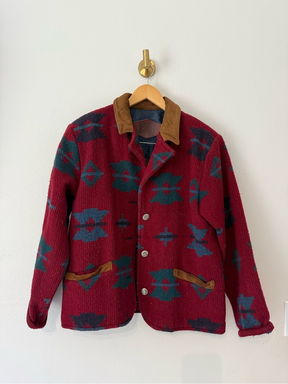 Woolrich Burgundy & Teal Geometric Field Jacket with Brown Corduroy Collar